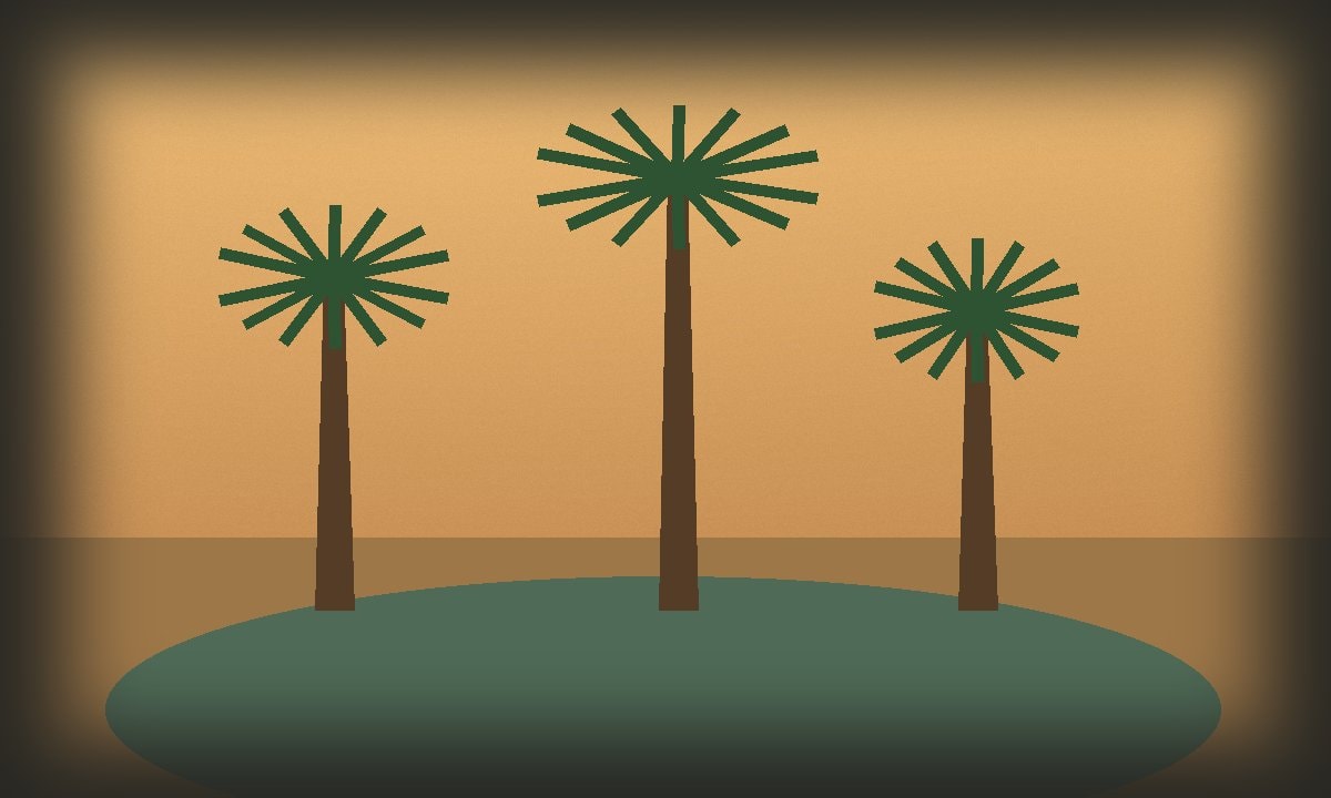 Date palms beside a quiet desert water source under warm light
