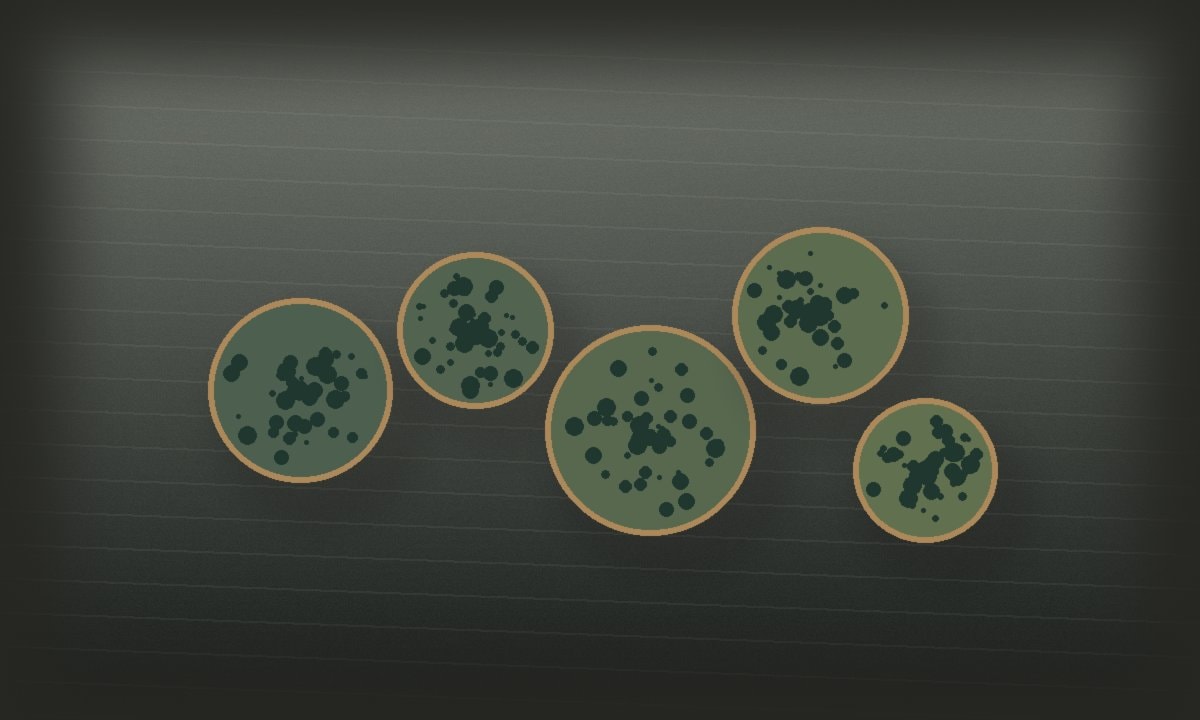 A small group of heavily worn bronze-like discs on dark linen